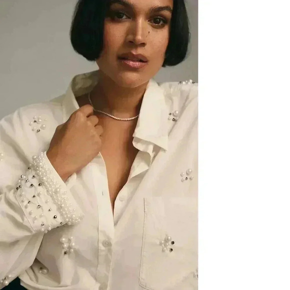 Anthropologie Maeve The Bennet Buttondown Shirt Pearl-Embellished Edition Small - Picture 5 of 7